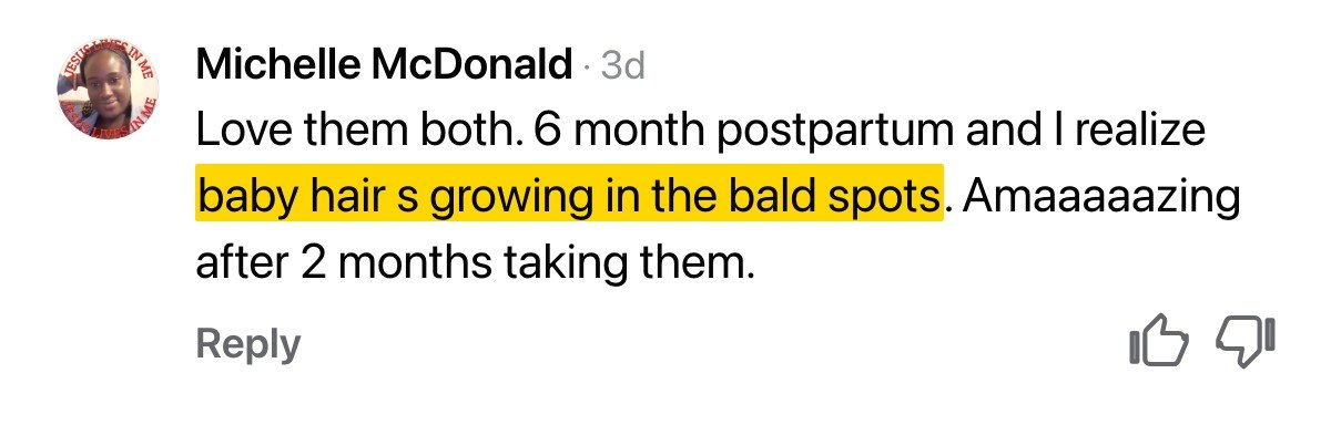 Hair testimonial — postpartum bald spots filling in