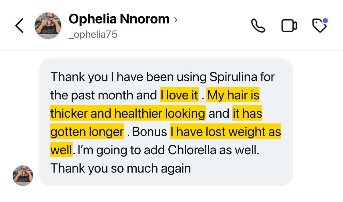 Hair testimonial — Spirulina thicker and longer hair