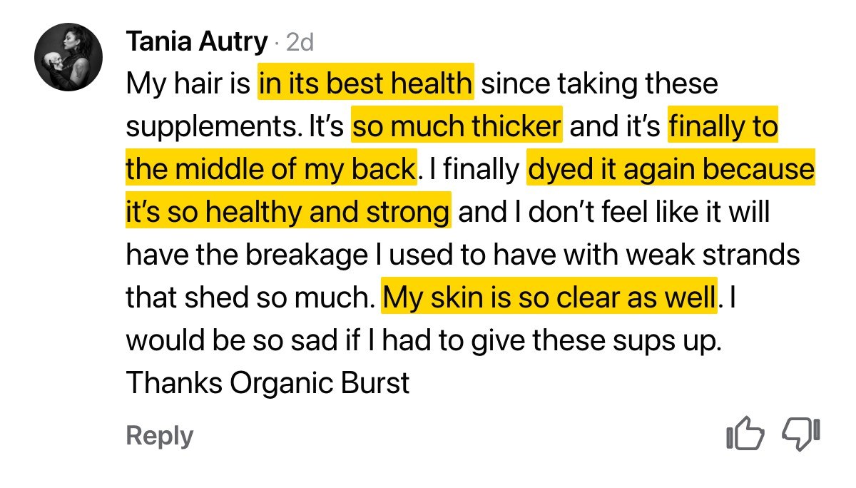 Hair testimonial — thicker hair and clearer skin